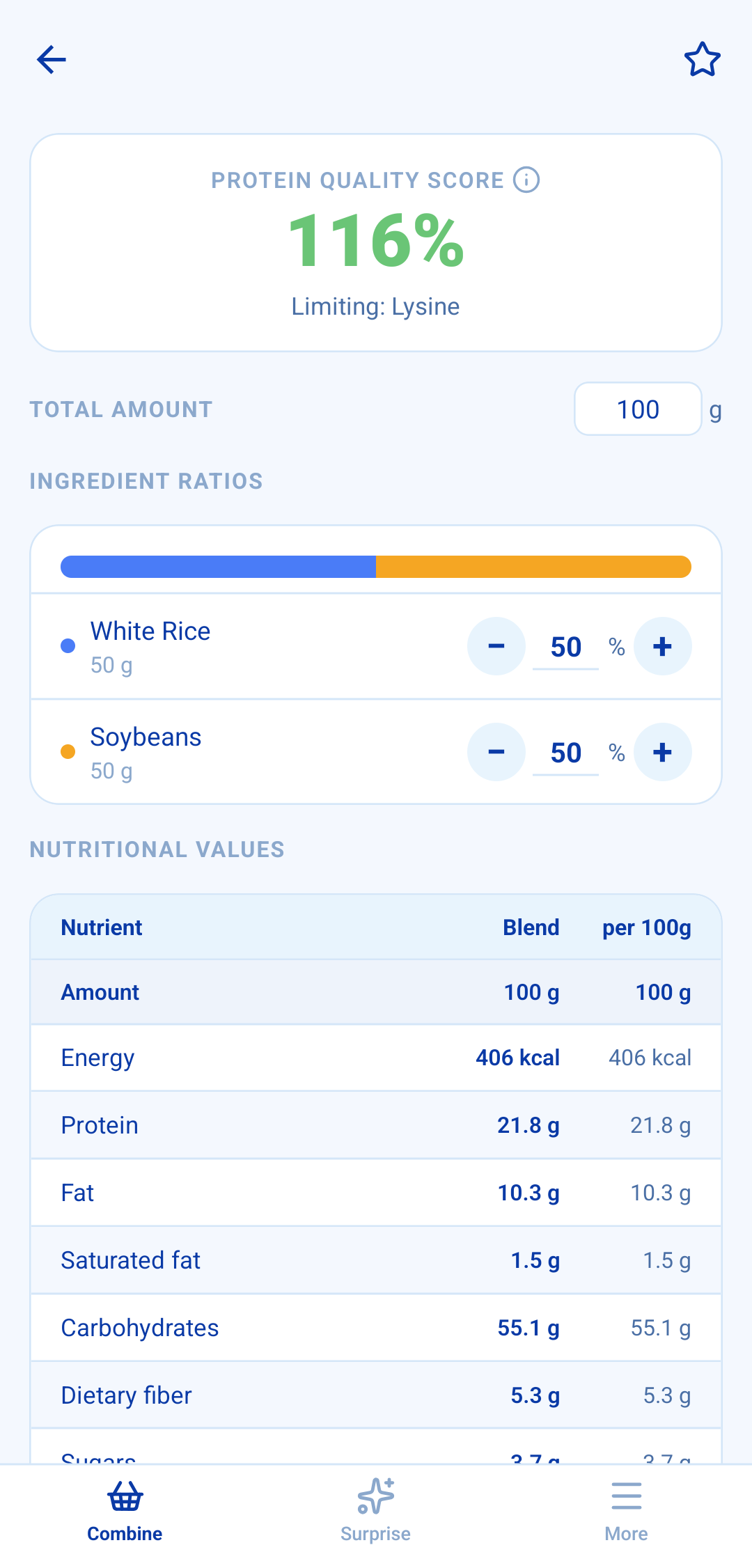 The AminoAce detail screen for White Rice and Soybeans: a Protein Quality Score of 116 percent, an even 50/50 ratio you can adjust, and the full nutrition table for the blend.