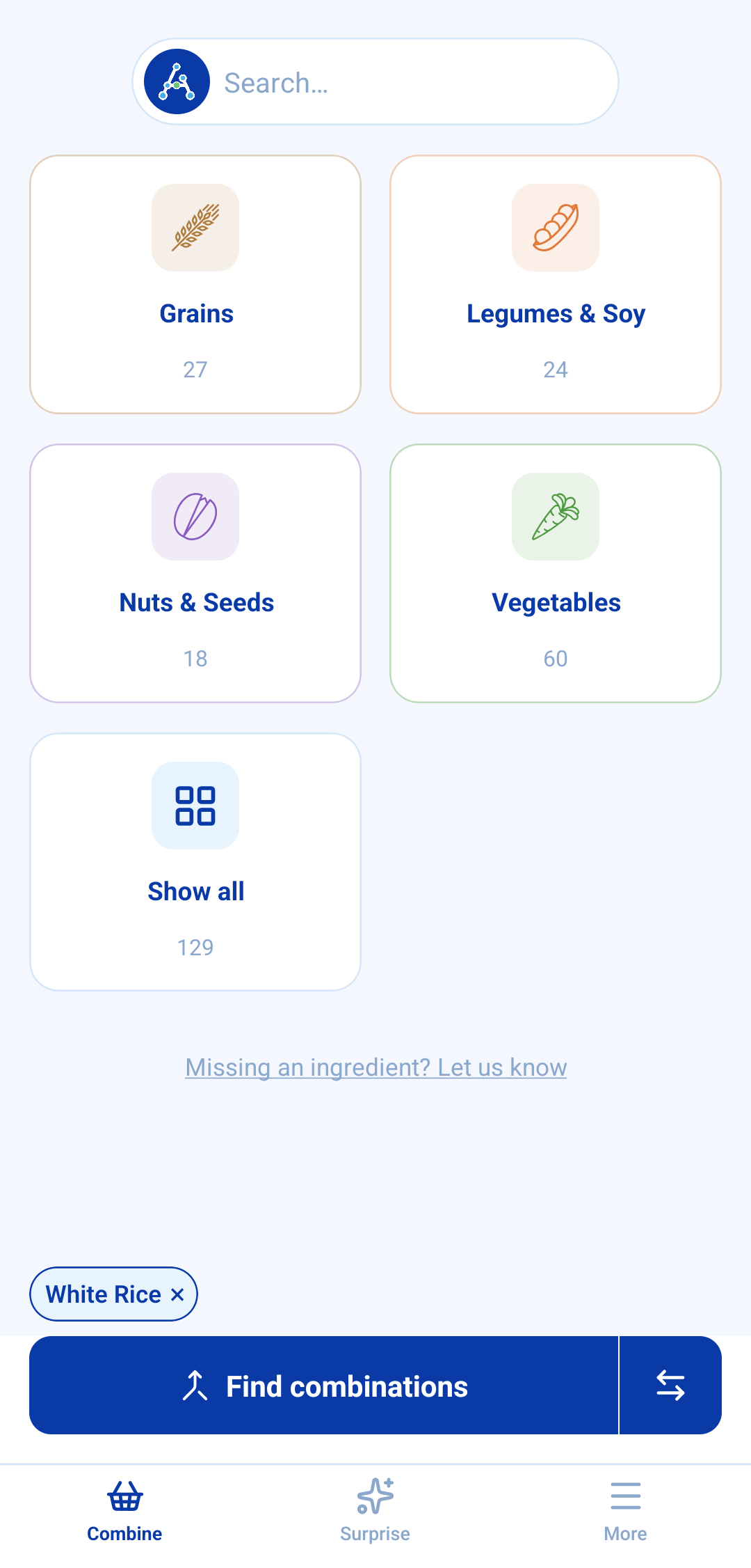 The AminoAce home screen: a search field and food categories — grains, legumes and soy, nuts and seeds, vegetables — with White Rice picked as the only ingredient and a Find combinations button at the bottom.